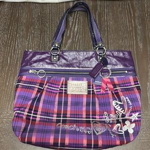 Coach poppy tote purple plaid